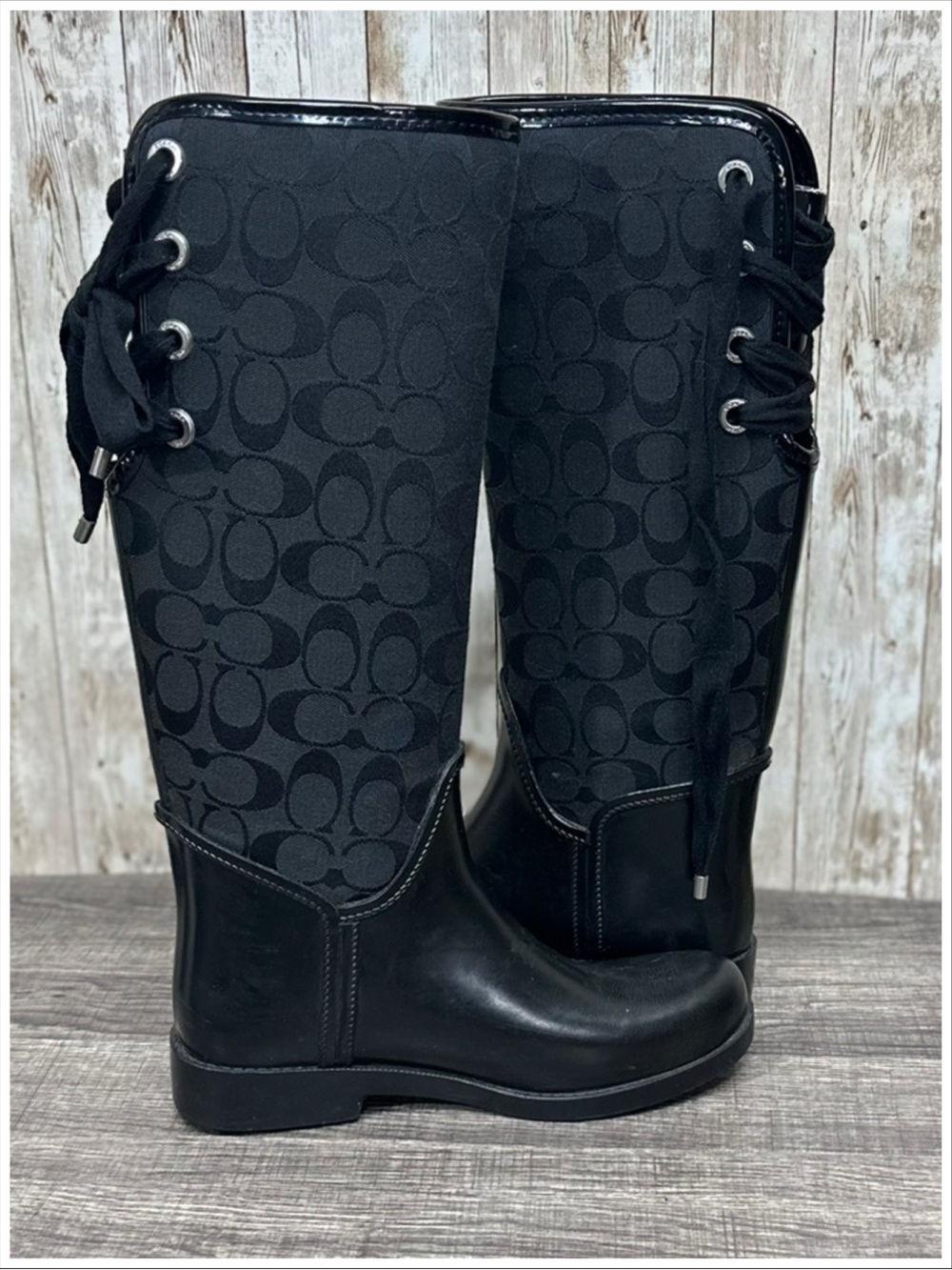 Coach Tristee Signature Tall Lace-Up Rain Boots in Black ~ Size 8B ~ Item #SB774